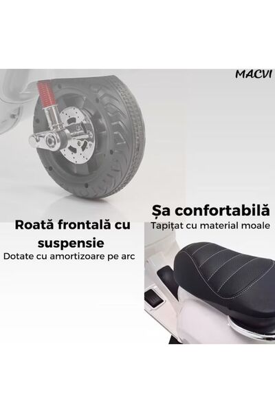 MACVI Scuter Macvi® 3-8 ani, design Vespa, cu 2 x 6V, lumini, sistem audio pana la 6 km/h, Alb