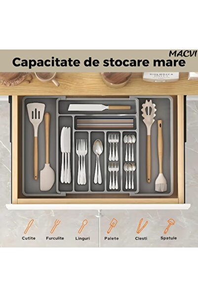 MACVI Macvi® 8-compartment expandable organizer for cutlery and kitchen utensils, Gray