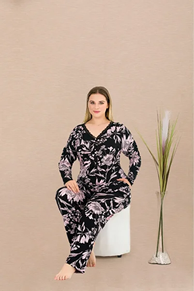 Lady Lingerie Floral Patterned, Long Sleeve, Buttoned, Oversized Women's Pajama Set