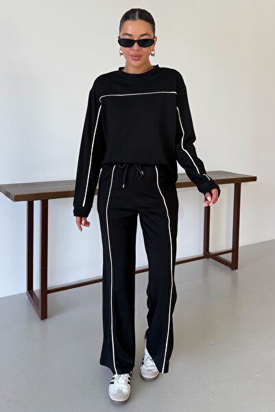 MODAGEN Women's Black Slim Line Detailed Crew Neck Top and Bottom Modal Set