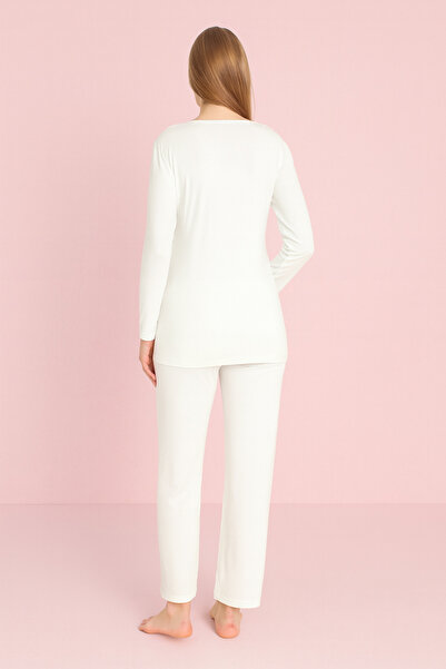 Miss Dünya Lissa White Long Sleeve Maternity and Pregnancy Pajama Set Suitable for Breastfeeding