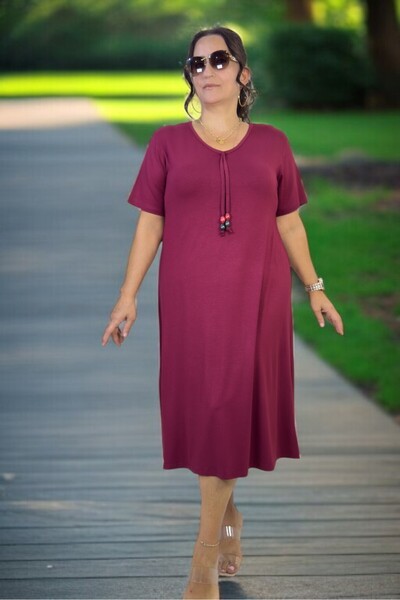 yagmurberen Fullly Flexible Lycra Cotton Fabric Short Sleeve V-Neck Cotton Viscose Plus Size Dress with Bead Detail