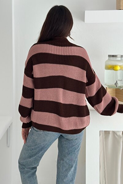 FEMELLE Dusty Rose Colored Striped Knitwear Cardigan - Knitted Standard Size Loose Knitwear Cardigan with Pockets