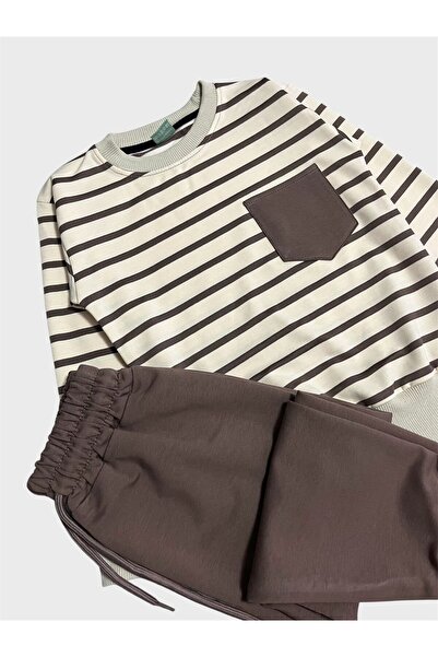 ALİŞ KİDS Boy's 100% Cotton Cream Brown Striped Long Sleeve Tracksuit Set