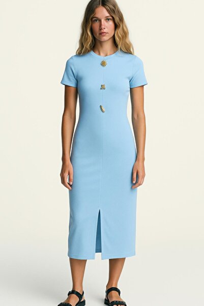 HAKKE Ottoman Fabric Short Sleeve Midi Dress with Slit Detail