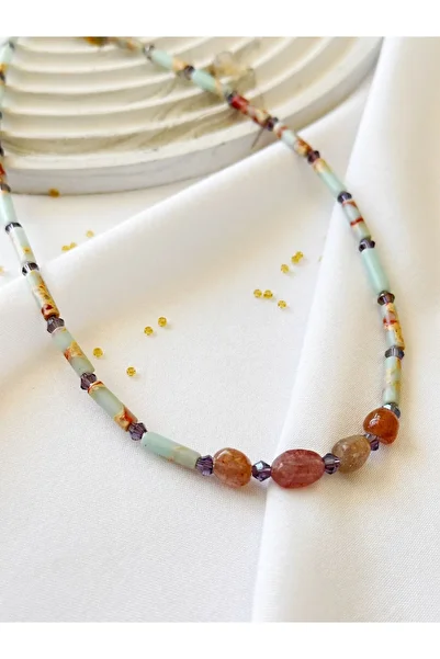 LiKESUN Pink Quartz and Amazonite Natural Stone Women's Necklace