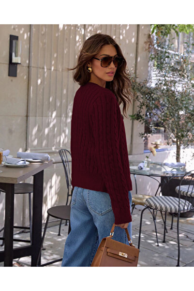 AQE FASHION Set din două piese pentru femei, bluză cu modele împletite și cardigan cu nasturi, roșu claret