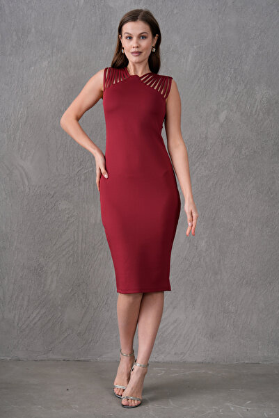 vuvutasarım Women's Burgundy Flexible Scuba Fabric Piping and Slit Design Pencil Cut Midi Evening Dress 2387