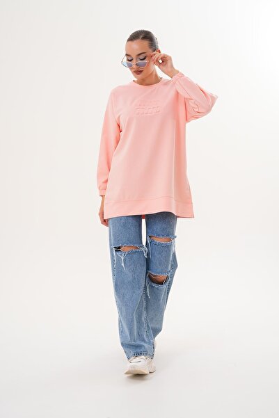 WestBound Pudra Mi̇u Embossed Print Crew Neck Hijab Sweatshirt Tunic 712