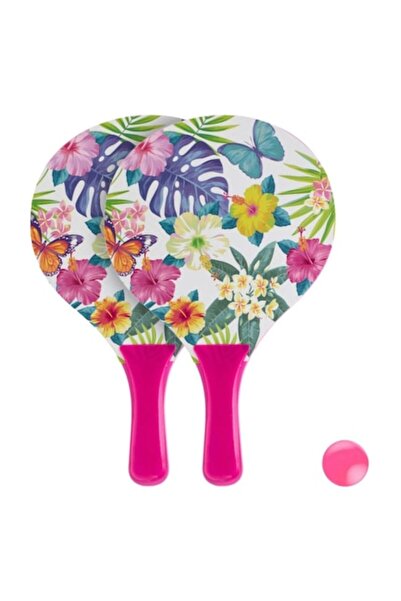 OEM Set 2 Rachete de Plaja din Lemn, Model Floral Colorat + Minge Roz, 38x24 cm