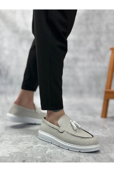 BOA BA0005 Чоловічі туфлі без шнурків, з високою підошвою, класичні, нові, з бавовняної тканини, сірі, з бахромою