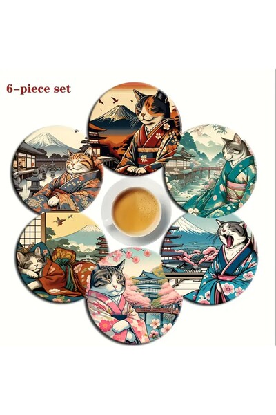 esdekor 6 Piece Japanese Kimono Themed Wooden Coaster Set