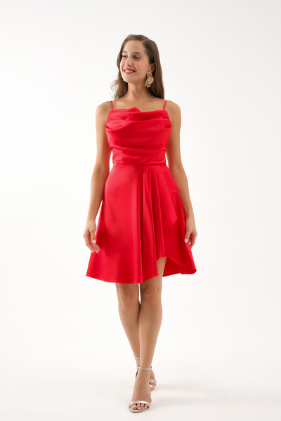 Lafaba Women's Red Flounce Slit Short Satin Evening Dress & Homecoming Dress