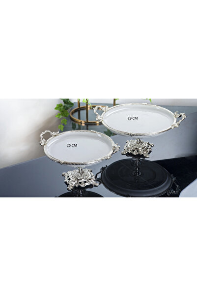 BULUTHOMEAKSESUAR 2 Pieces Porcelain Round Presentation Plate Silver
