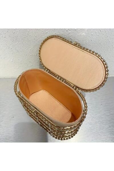 Just Pretty Corner Elegant French Metal Basket Evening Bag with Crystal Faux Diamonds – Hollow Out Design Clutch with