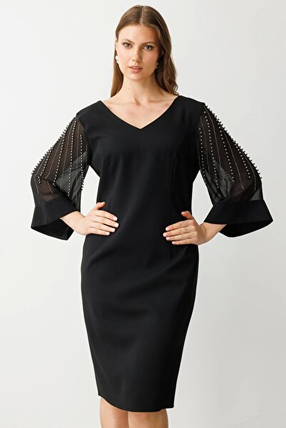 Ekol Tulle Beaded Midi Dress with Sleeves Black