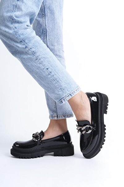 Zaza moda Black Patent Leather Buckle Detailed Loafer Women's Shoes Are Stylish and Comfortable