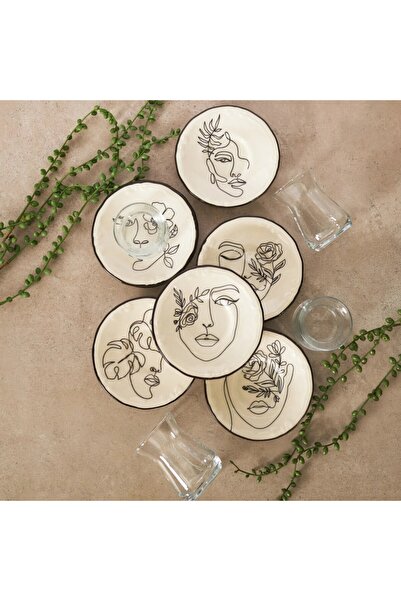 Karaca Face Teeset für 6 Personen, Teetassen, Untertassen, Glas/Porzellan, Tü...