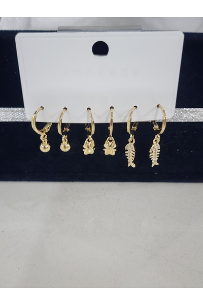 Aylish Bijuteri Gold 6'li Balik Kilçikli Kurbağa Ve Top Set Küpe