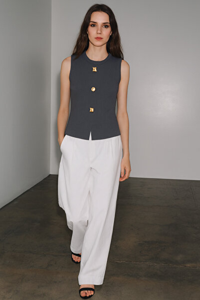 HAKKE Λεπτομερής υφαντή ΜΠΛΟΥΖΑ με λαιμόκοψη με κουμπιά