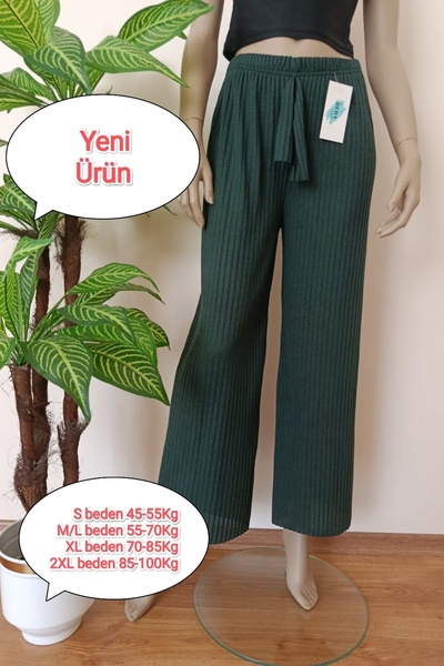 VİP BERA TEKSTİL Kadın Yeşil Renk Çizgili Fitilli Pamuklu Penye Pantolon
