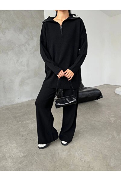 Lusin Women's Black Relaxed Fit Zippered Oversize Bottom and Top Double Knitwear Set