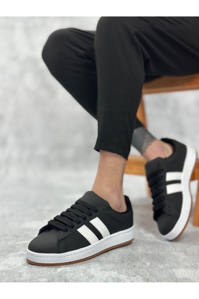 BOA Ba0235 Two Striped Black Leather Men's Casual Shoes