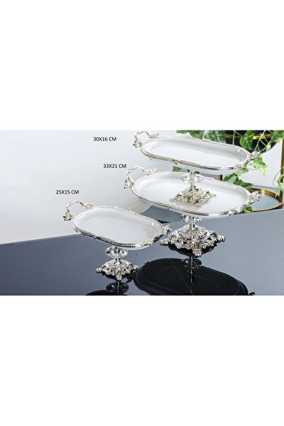 BULUTHOMEAKSESUAR 3 Pieces Porcelain Legs Oval Presentation Plate Silver