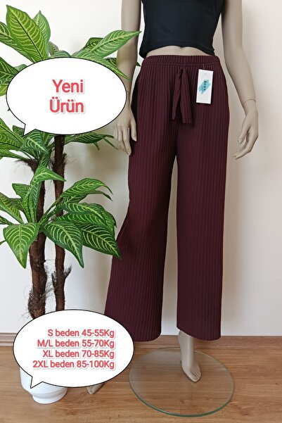 VİP BERA TEKSTİL Kadın Bordo Renk Çizgili Fitilli Pamuklu Penye Pantolon
