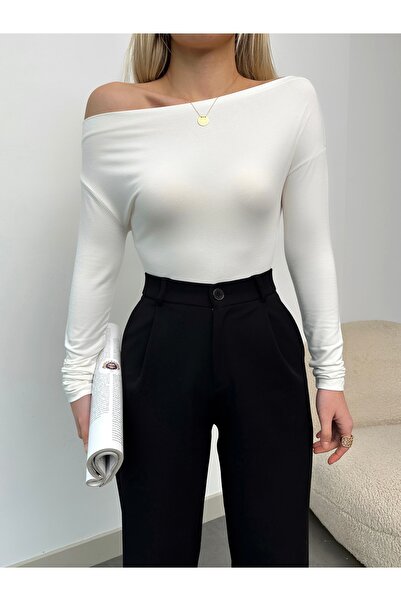 ladyzey Women's Ecru Boat Neck Viscose Fabric Long Sleeve Blouse