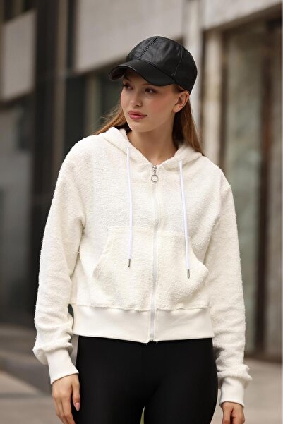 Yeni Sezon Kadın Beyaz 3 İplik Pamuk Fermuarlı Kapüşonlu Sweatshirt-Oversize Rahat ve Şık...