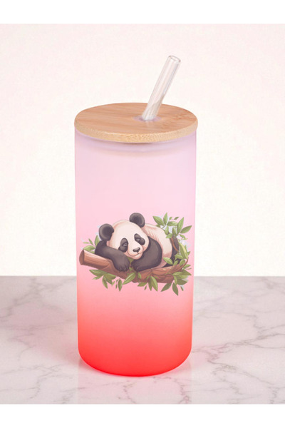 lili hediyelik Dalda Panda Printed 600 ml Glass Flask - Water Flask, Drinking Flask, Glass Flask with Straw