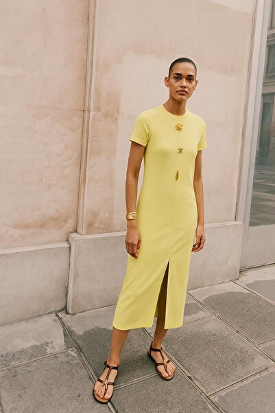 HAKKE Ottoman Fabric Short Sleeve Midi Dress with Slit Detail