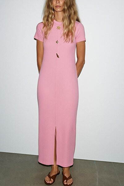 HAKKE Ottoman Fabric Short Sleeve Midi Dress with Slit Detail