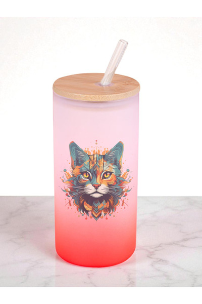 lili hediyelik Flame Cat Printed 600 ml Glass Flask - Water Flask, Drinking Flask, Glass Flask with Straw