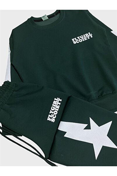 ALİŞ KİDS Σετ φόρμας για κορίτσια από βαμβακερό πράσινο αστέρι με μακρυμάνικο φαρδύ πόδι