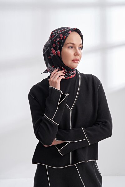 ARMANDA Premium Collection Fleur Desen Twill Silk Scarf - Black