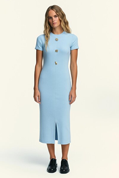 HAKKE Ottoman Fabric Short Sleeve Midi Dress with Slit Detail