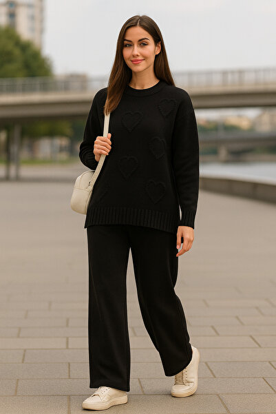 semela New Season Patterned Knitwear Pants Suit with Embossed Heart Pattern