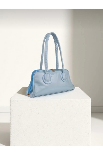 Sargınlar Leydi̇ Blue Color Long Handle Baguette Hand and Shoulder Bag Bag