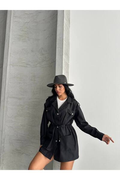 ÇEÇİM Women's Drawstring Waist Lined Short Trench Coat Zyn-58807