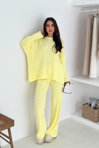 mielva Loose Yellow Knitted Patterned Knitwear Set Oversize Sweater and Wide Leg Pants