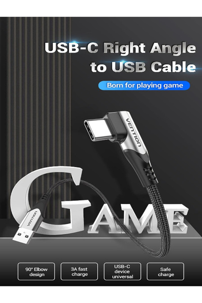 Vention USB-C Right Angle to USB 2.0-A Cable 2M For Samsung Galaxy, Huawei, Xiaomi, iPad, MacBook