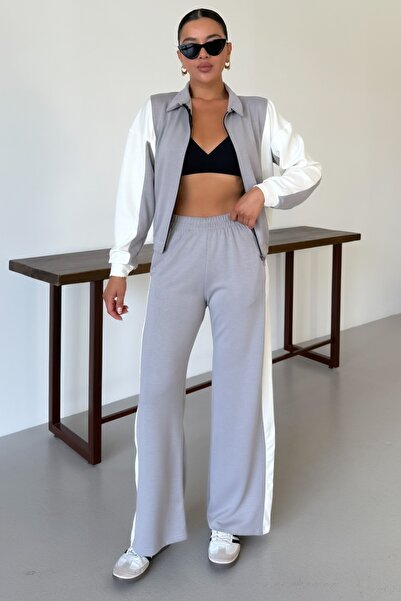 MODAGEN Women's Gray Thick White Striped Cardigan Top and Bottom Modal Tracksuit Set