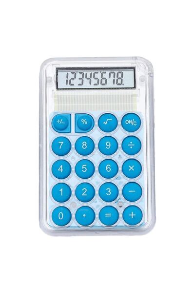 OEM Mini calculator de buzunar, 8 cifre, solar, transparent, cu butoane rotunde colorate - albastru