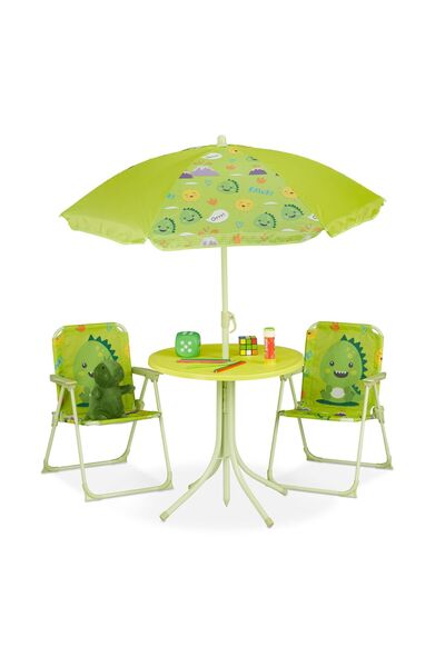 Relaxdays Set masă pentru copii cu 2 scaune și umbrelă, fier/poliester, verde