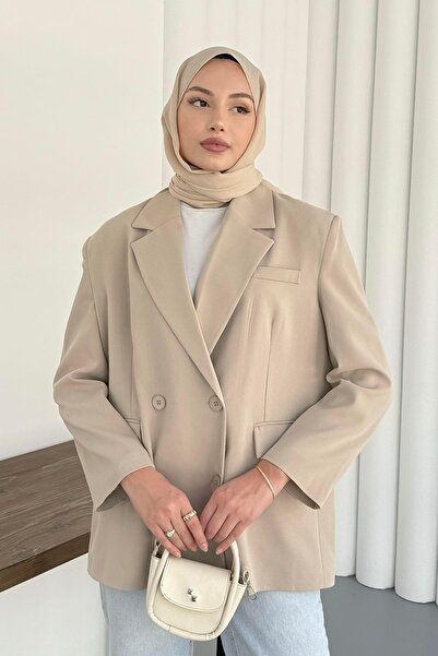 Modaensarbutik Kruvaze Yaka Düğmeli Blazer Ceket-TAŞ