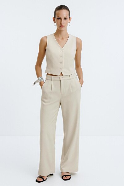 HAKKE Jakarlı V Yakalı Yelek & Yüksek Bel Düz Paça Pantolon TAKIM