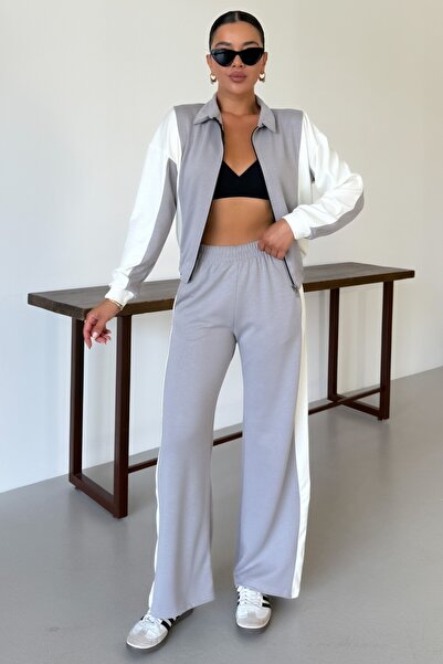 MODAGEN Women's Gray Thick White Striped Cardigan Top and Bottom Modal Tracksuit Set