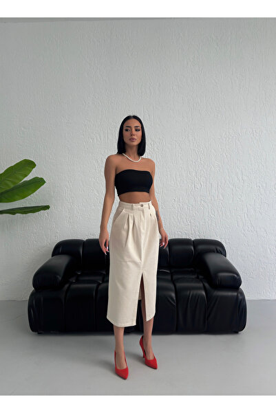 EKİNORA Kadın Keten Dokulu Midi Yırtmaçlı Etek